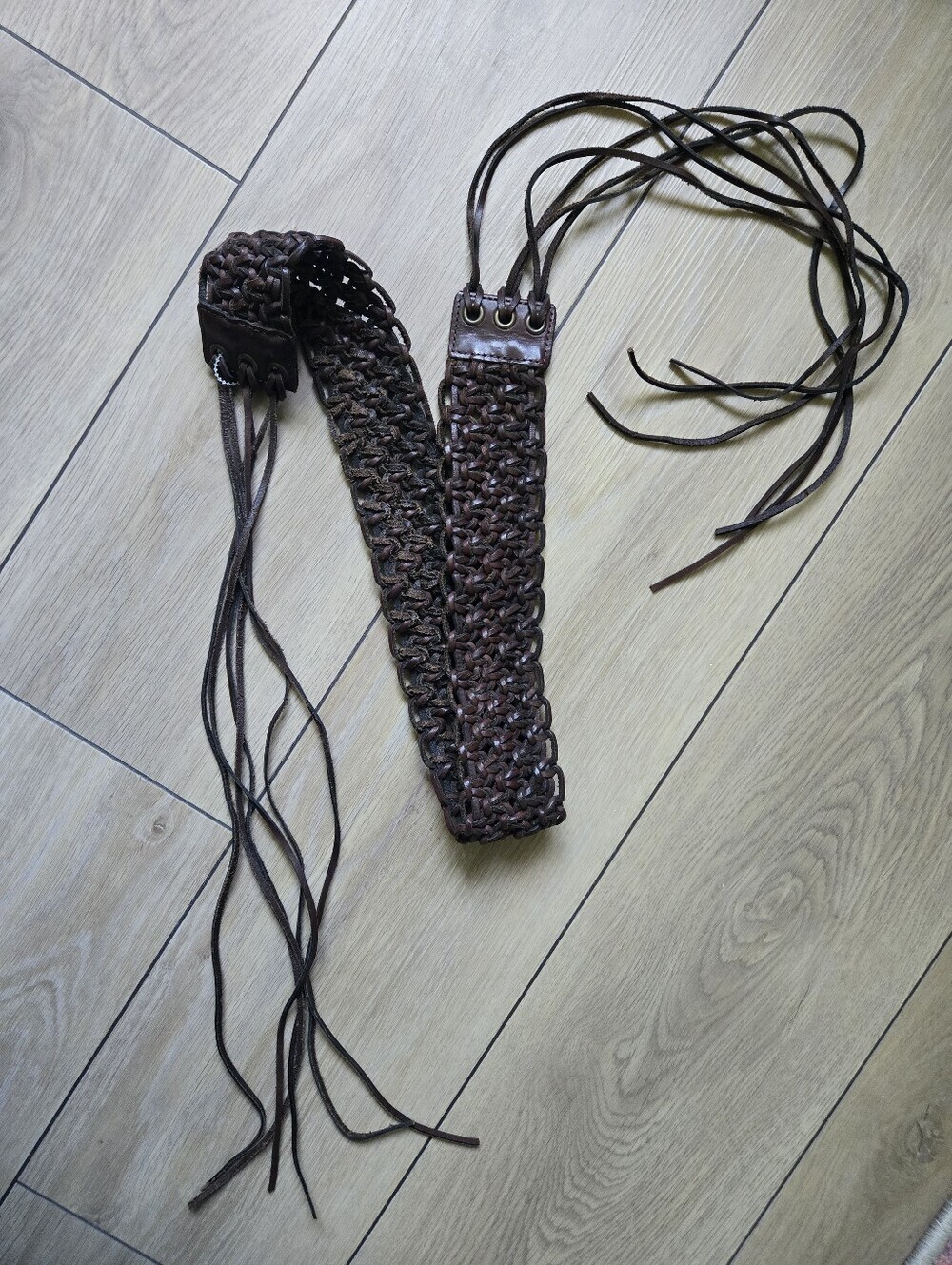 Vintage Boho Chic Dark Brown Macrame Weave Leather Belt - Handcrafted